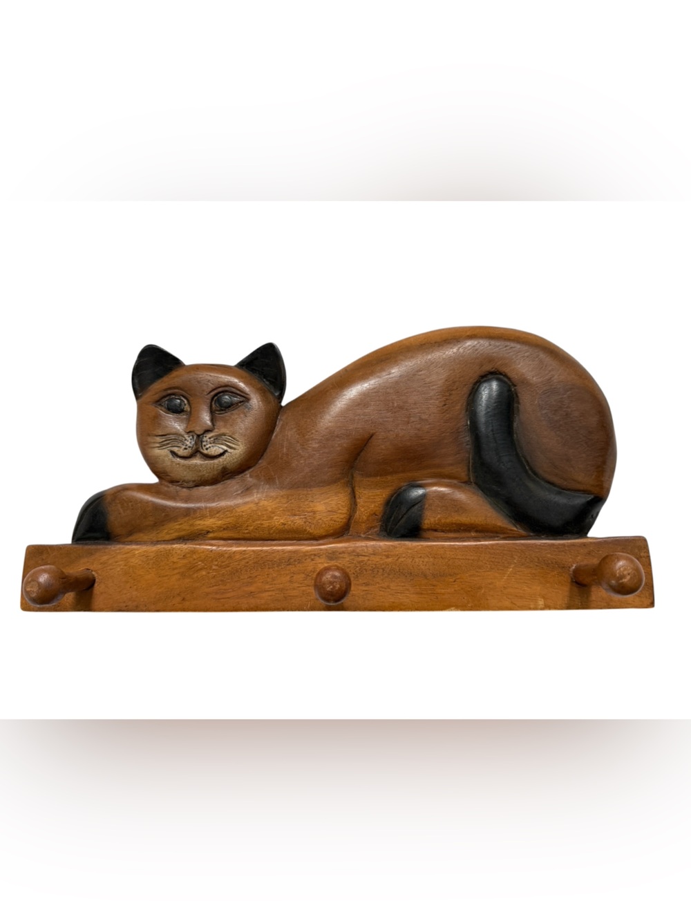 Vintage Hand carved Wooden Cat Rack Solid Wood 3 Pegs